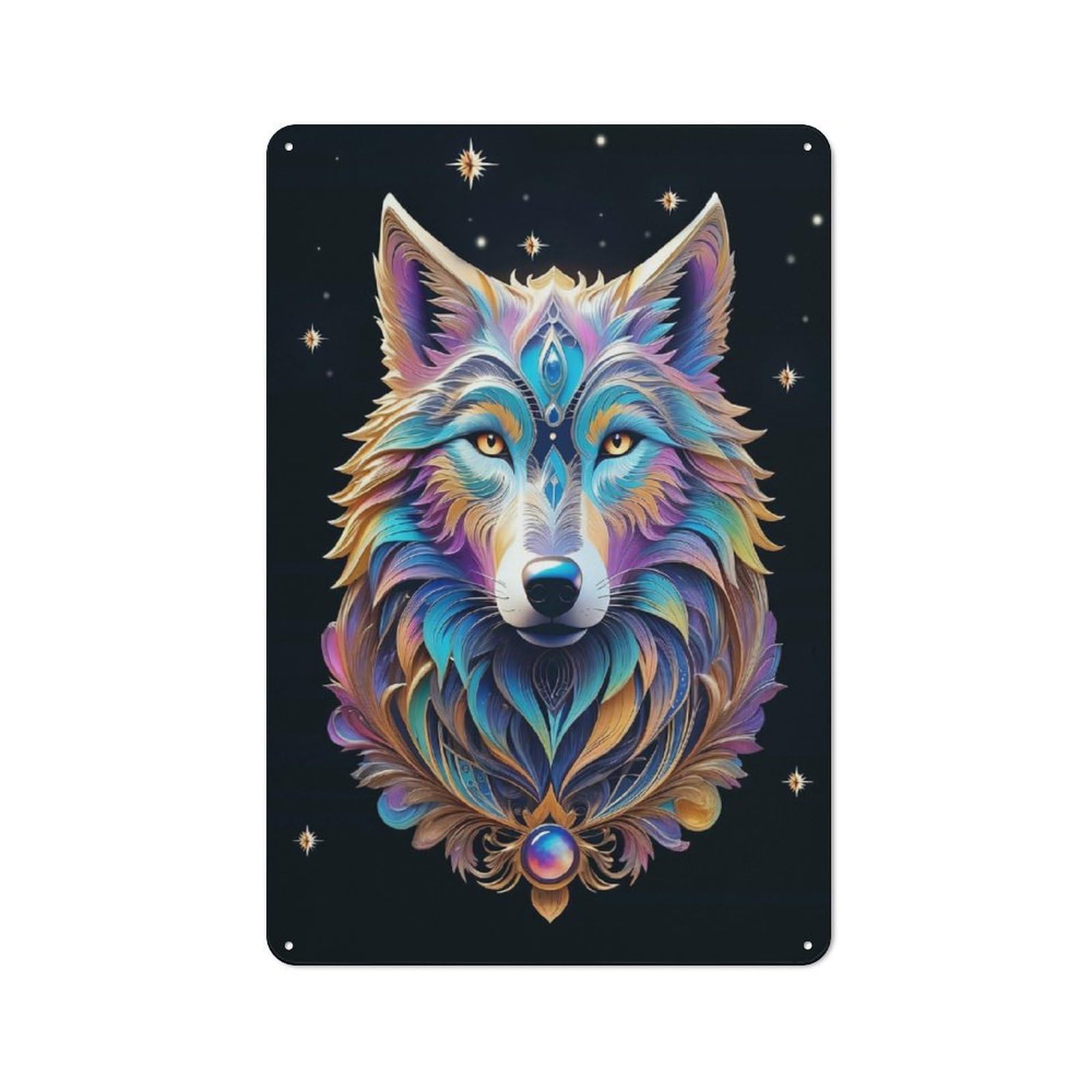 Junmoney Style-14 Metal Wall Sign 30X20cm Featuring Surreal Galaxy Wolf For Living Room Wall, For Metal Sign Collectors, For Garage And Workshop Walls