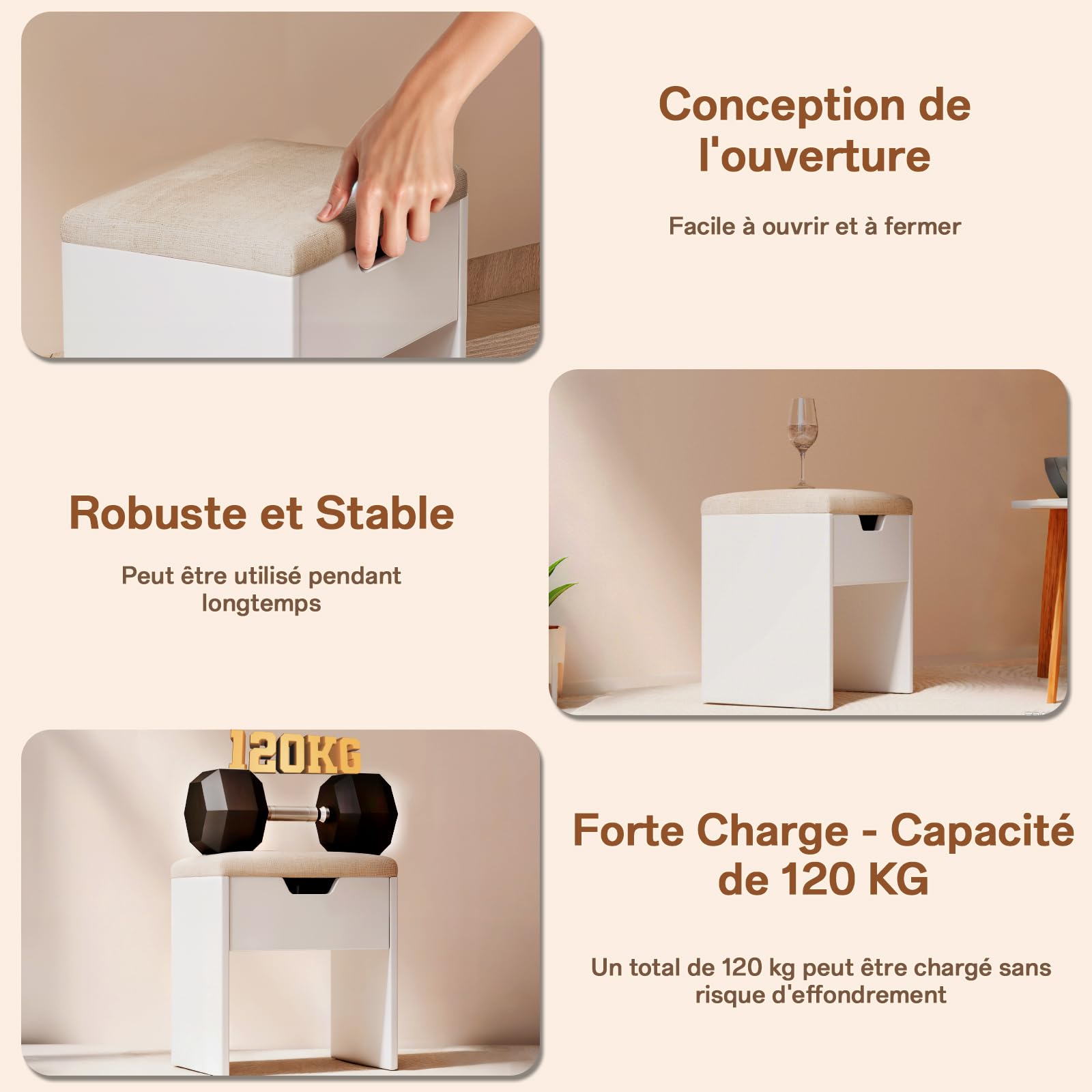 Airfish Tabouret de Coiffeuse avec Rangement Caché, Siège en Tissu Lin, Rembourrage en Mousse à Haute Densité, Chaise de Maquillage Moderne Idéal pour Chambre, Vestibule et Dressing