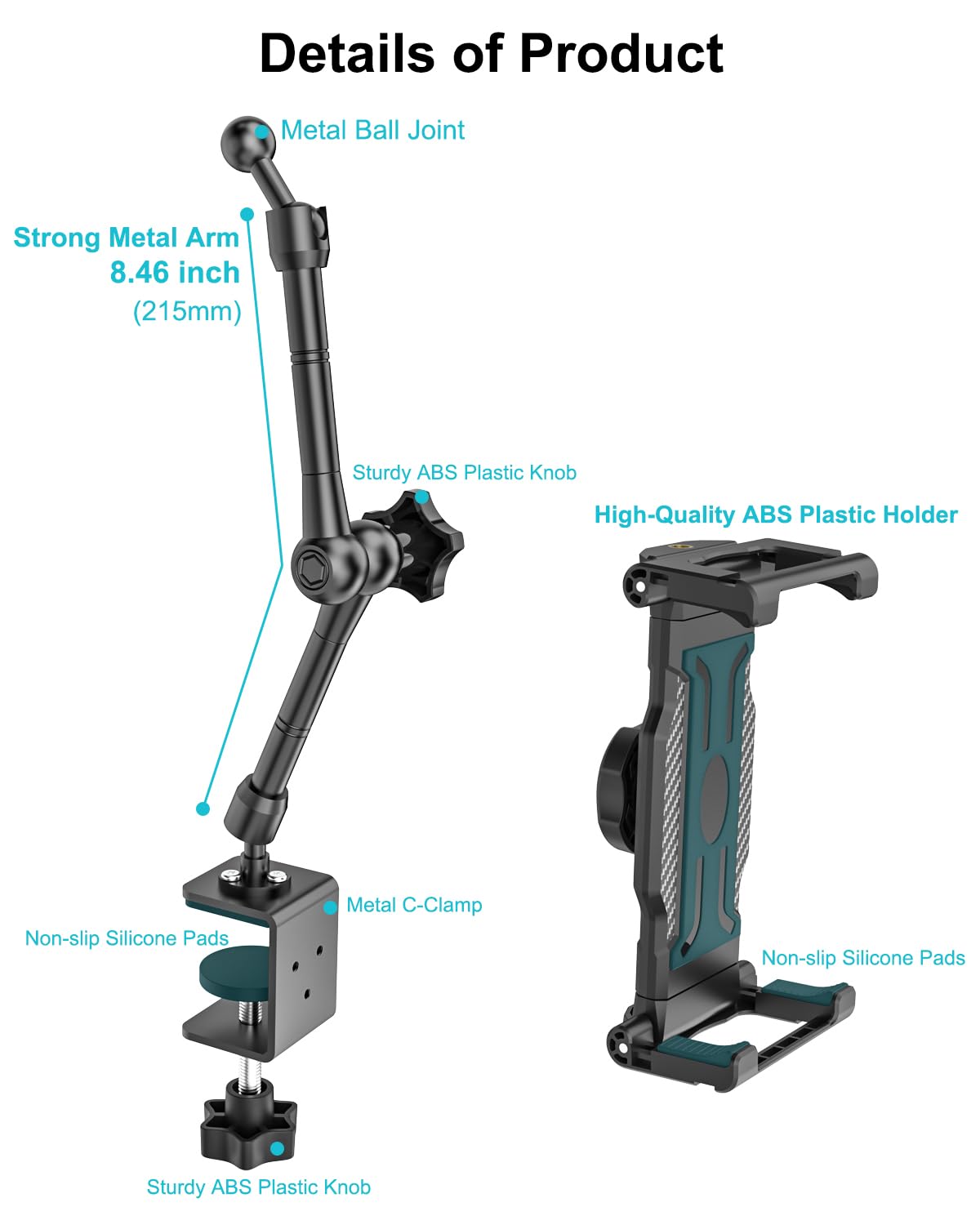 Supporto per Monitor Portatile per schermo da 15,6", Braccio Regolabile Supporto da Scrivania per Tablet, Lega di alluminio, Girevole a 360°, per Monitor Portatile 15.6", 6.1"~15.6" iPad