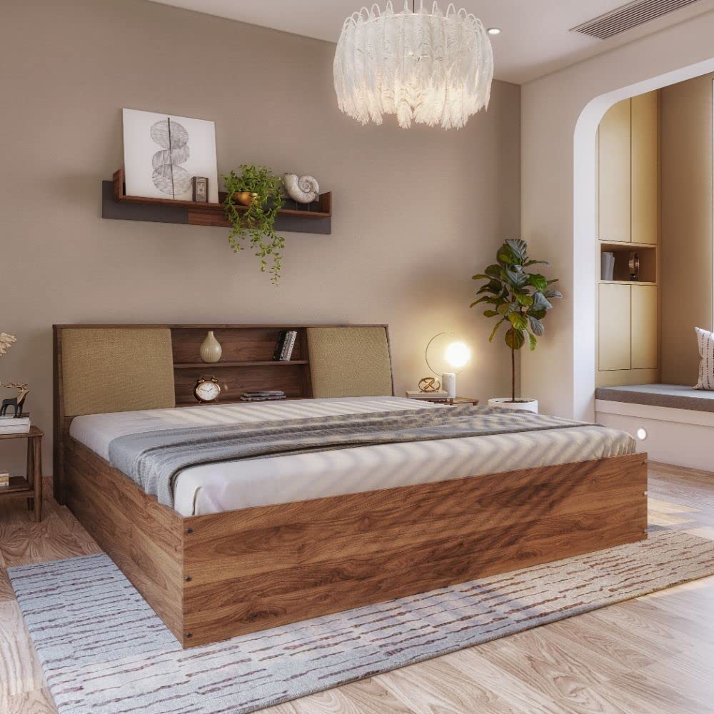 Wakefit Bed | King (78 X 72) Engineered Wood Bed, Upholstered, with Storage, 1 Year Warranty | - Orion - Columbian Walnut_Omega Pearl