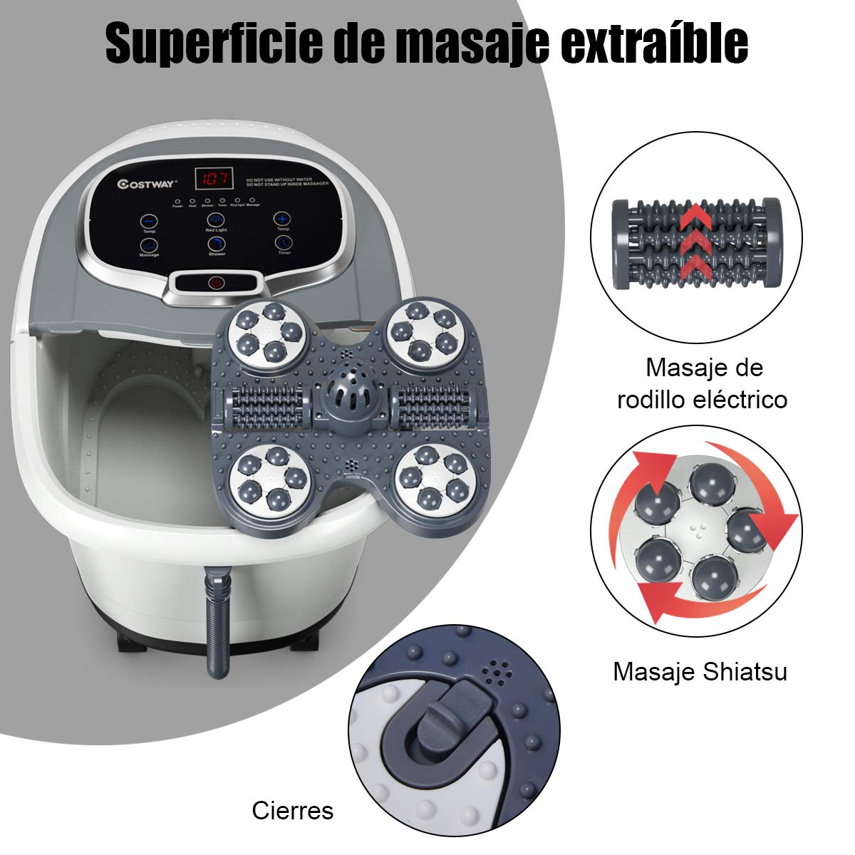 COSTWAY Bañera para Pies 500W Masajeador de Baños para Pies Eléctrico Temporizador de 10-60 Minutos / 35-48 ℃ con Rodillo de Masaje (Gris)