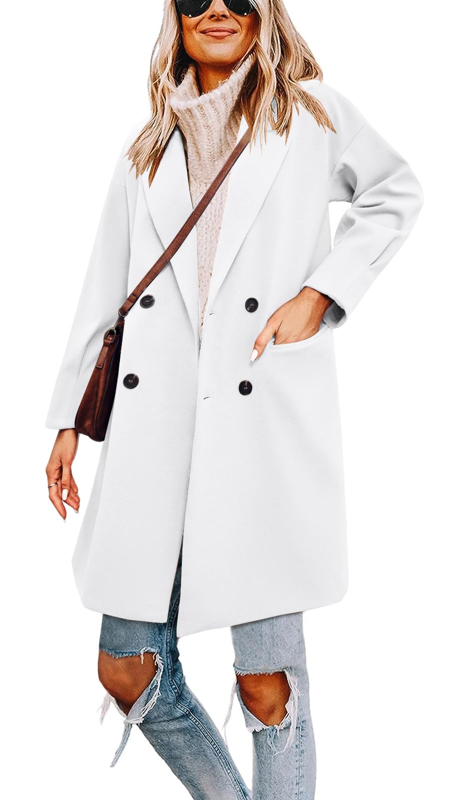 Cicy BellWomen Double Breasted Pea Coat Casual Long Oversized Work Office Overcoat Trenchcoats with Pocket
