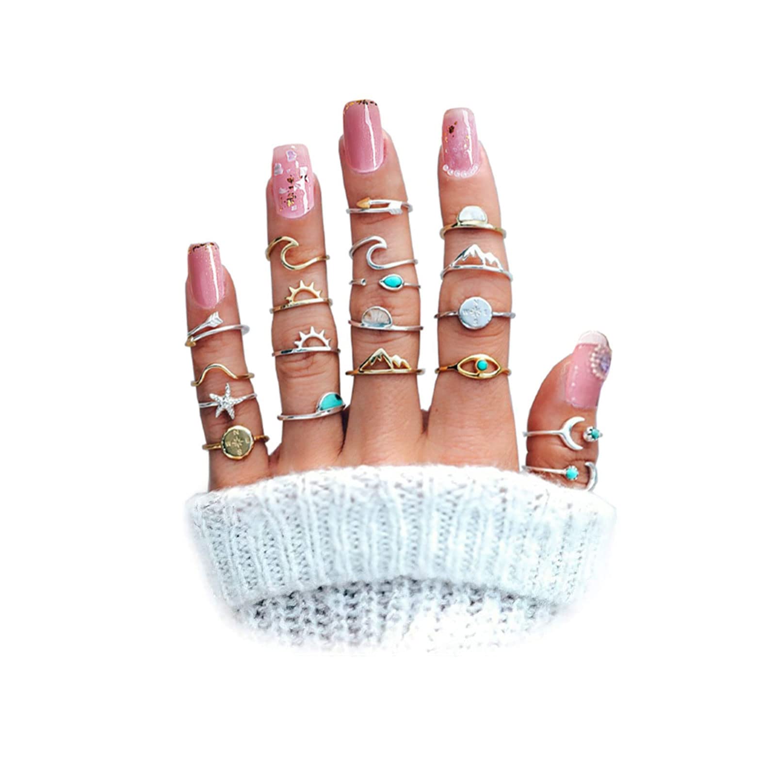 HUASAI Stackable Rings for Women Stocking Stuffers for Teen Girls Boho Moon Star Midi Pinky Knuckle Ring Set Cute Stuff Teen Girl Christmas Gifts Trendy Stuff