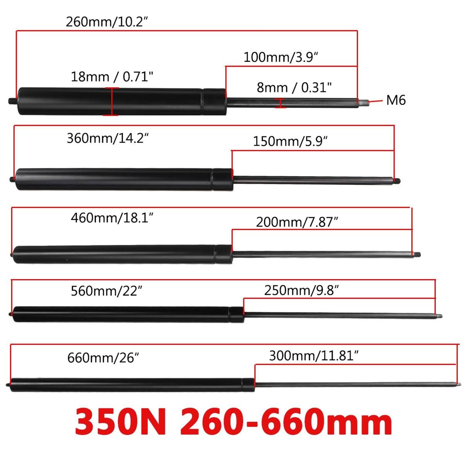 Hydrauliczne sprężyny gazowe 350 N, 260-660 mm, 8 mm, do tylnej klapy, kampera, autobusu, przyczepy kempingowej, bagażnika