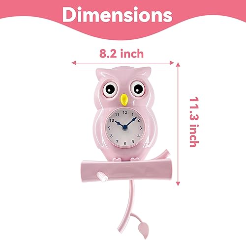 Miniatura 3 de Lily's Home Reloj de pared con péndulo de búho rosa con ojos giratorios, rama oscilante, montaje en pared, decoración temática de dormitorio, reloj