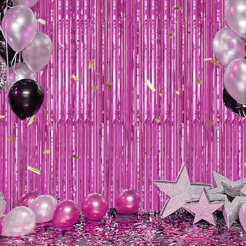 Image of DECOCKRAT 2 Pack Foil Fringe Backdrop - Hot Pink Shiny Tinsel Curtains for Party Decoration /Photo Booth Props - 3.3x6.6 FT Metallic Foil Backdrop for Birthday, Wedding, Graduation, Christmas.