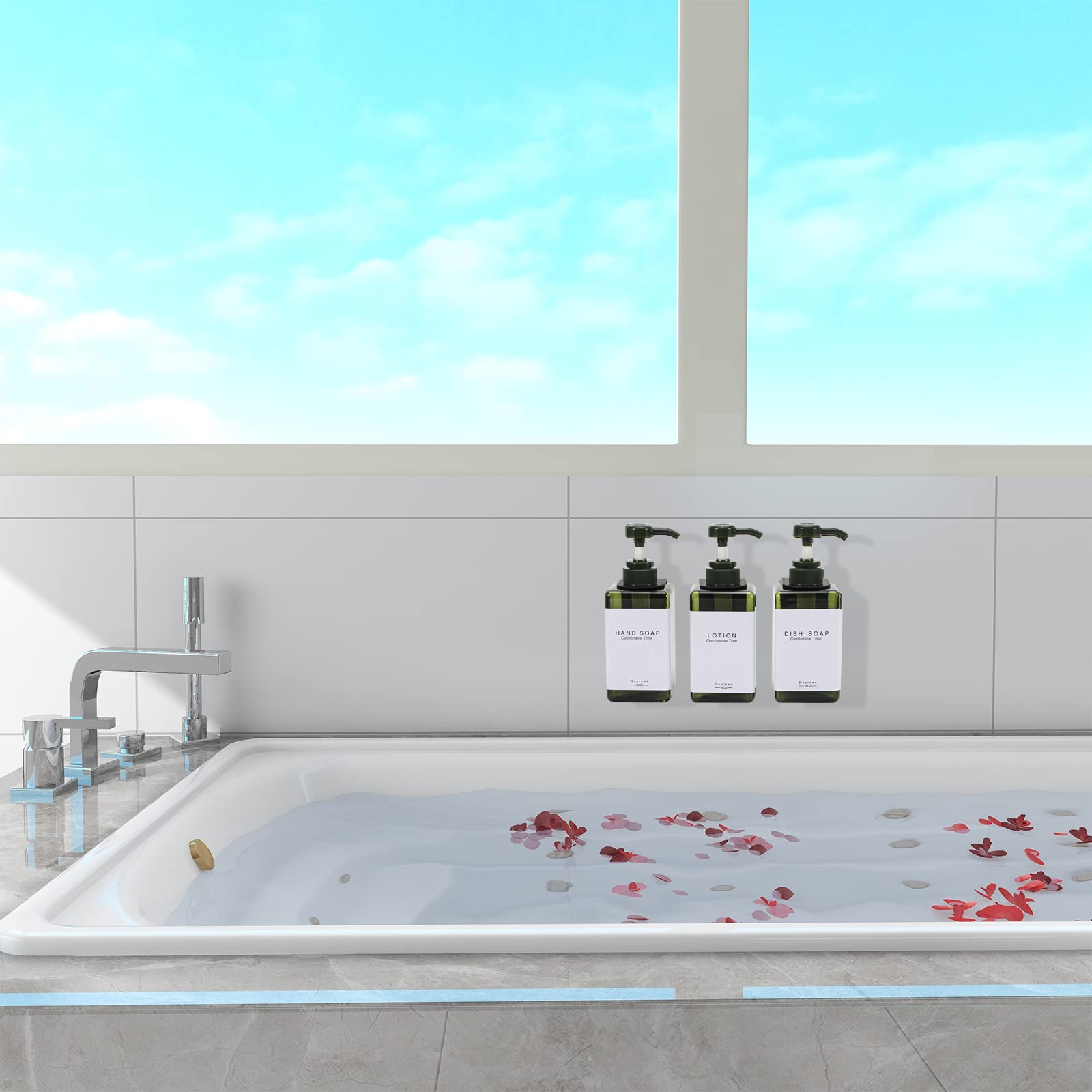 Shampoo und Conditioner Spender für Duschwand 3-Kammer-mit Bohrer Freie quadratische Dusche Seifenspender Wandhalterung mit Wasserdichten Etiketten (3B3W-Green)