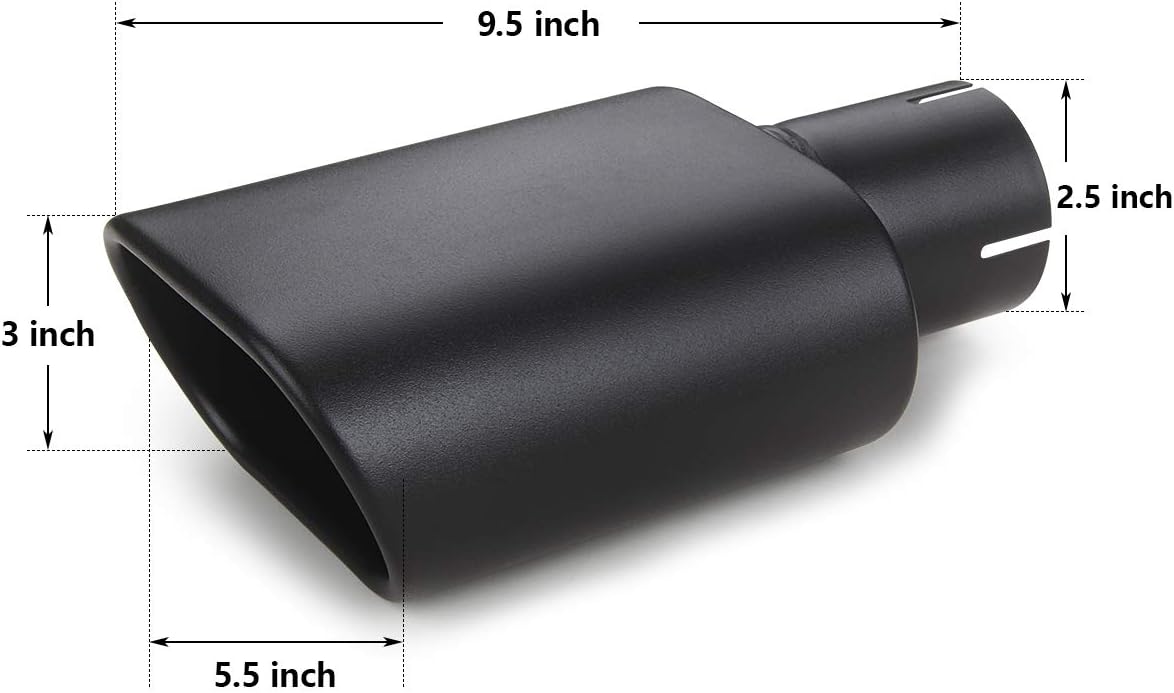 Square Exhaust Tip 2.5" Inlet, A-KARCK Black Coating Rectangle Exhaust Tailpipe Tip 3" x 5.5" Outlet 9.5" Long, Clamp on Design