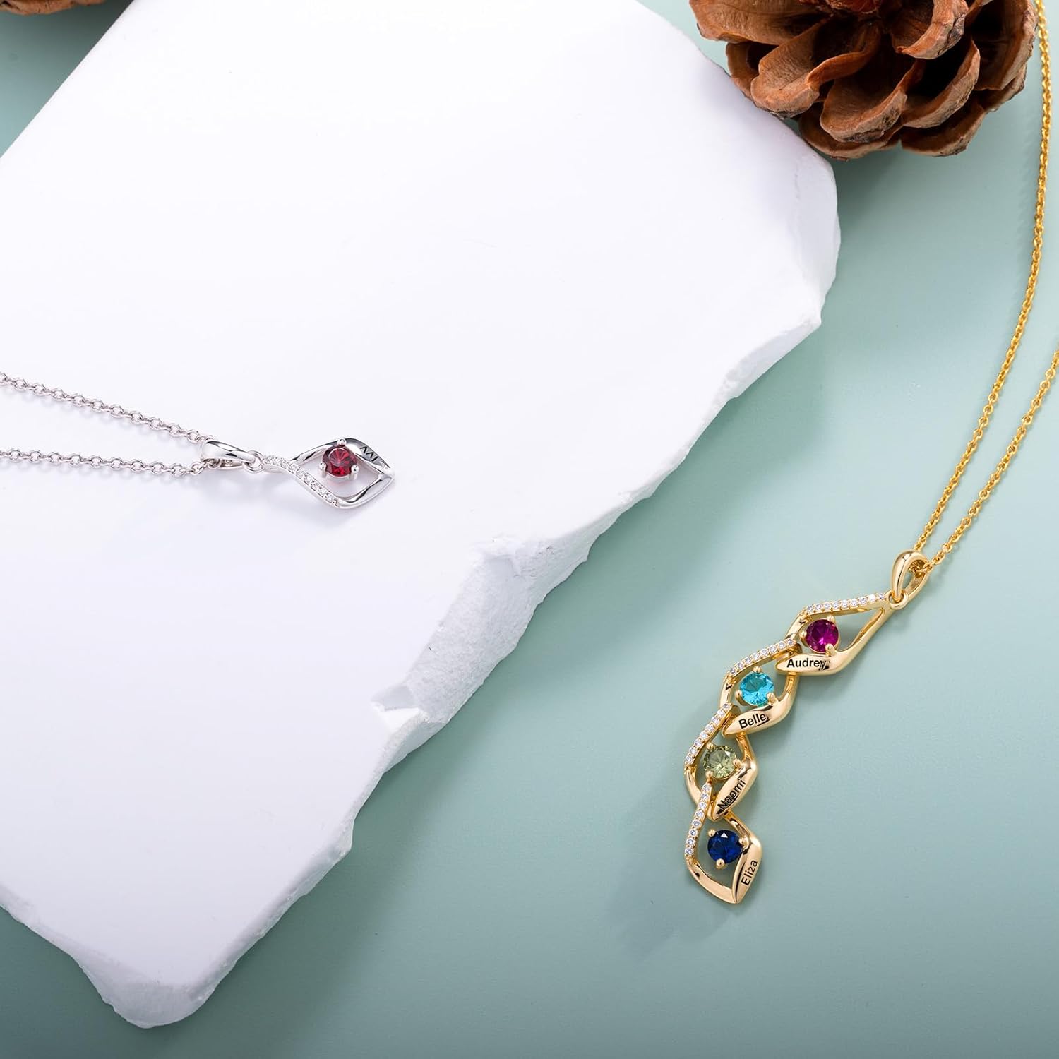 Custom Sterling Silver Necklace with 1-6 Birthstones – Personalized Birthstones Necklace with Engraved Names,Memorial Jewelry Gift for Mom Wife Grandma on Christmas Birthday Anniversary Mother's Day