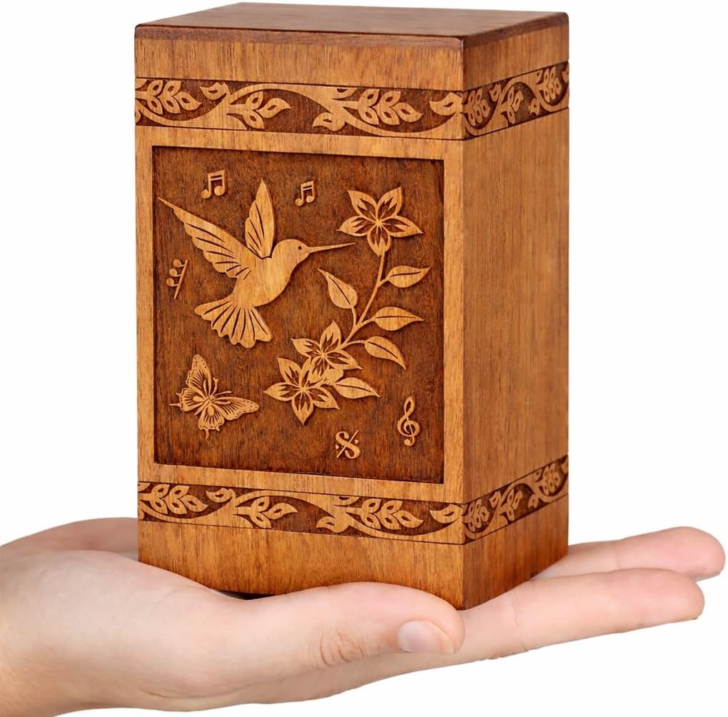 Cremation Urns for Human Ashes Adult Male Female - Wooden Humming Bird Funeral Cremation Urn Hand-Crafted - Burial Funeral Memorial Urns for Ashes (Large)