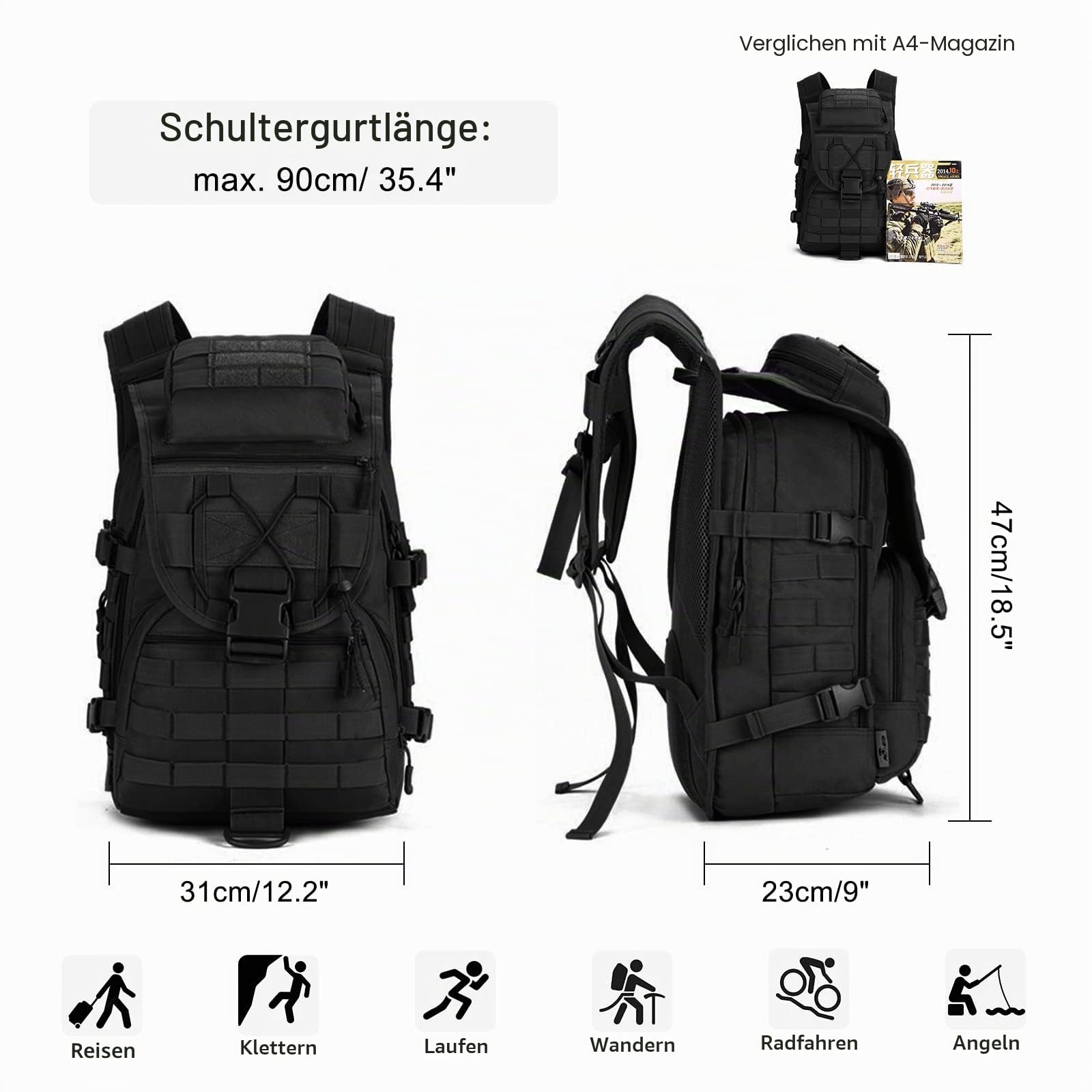 HUNTVP 40L Militar Rucksack Taktisch Wanderrucksack Wasserdicht Trekkingrucksack MOLLE Tactical Sportrucksack Daypack Tagesrucksack Kampfrucksack 14 Zoll Laptoptasche für Outdoor Wandern