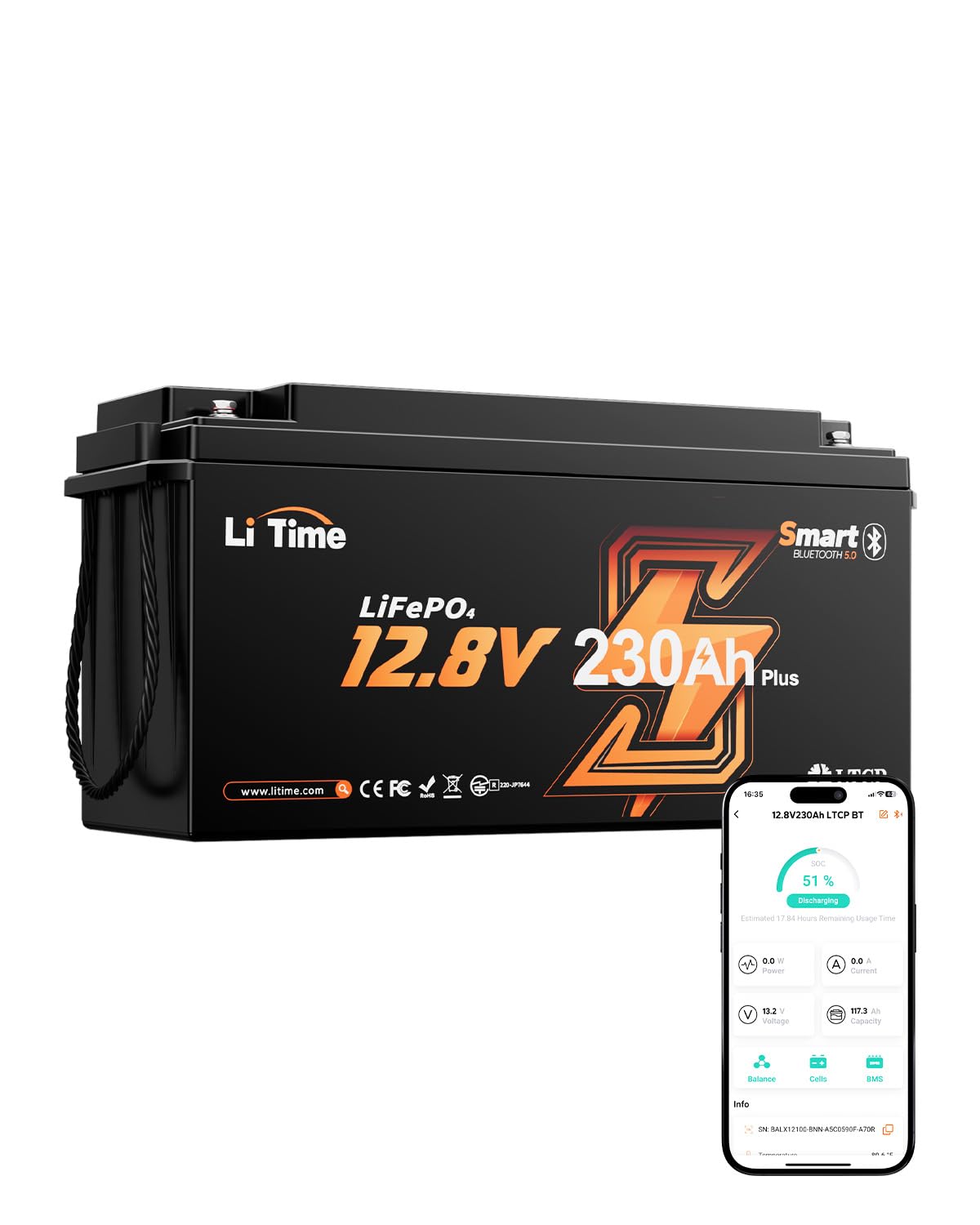 Litime 12V 230Ah Bluetooth Lithium Battery, 4000+ Deep Cycle LiFePO4 Battery, Max 2944Wh Energy, Perfect for RV, Travel Trailer, Off-Grid