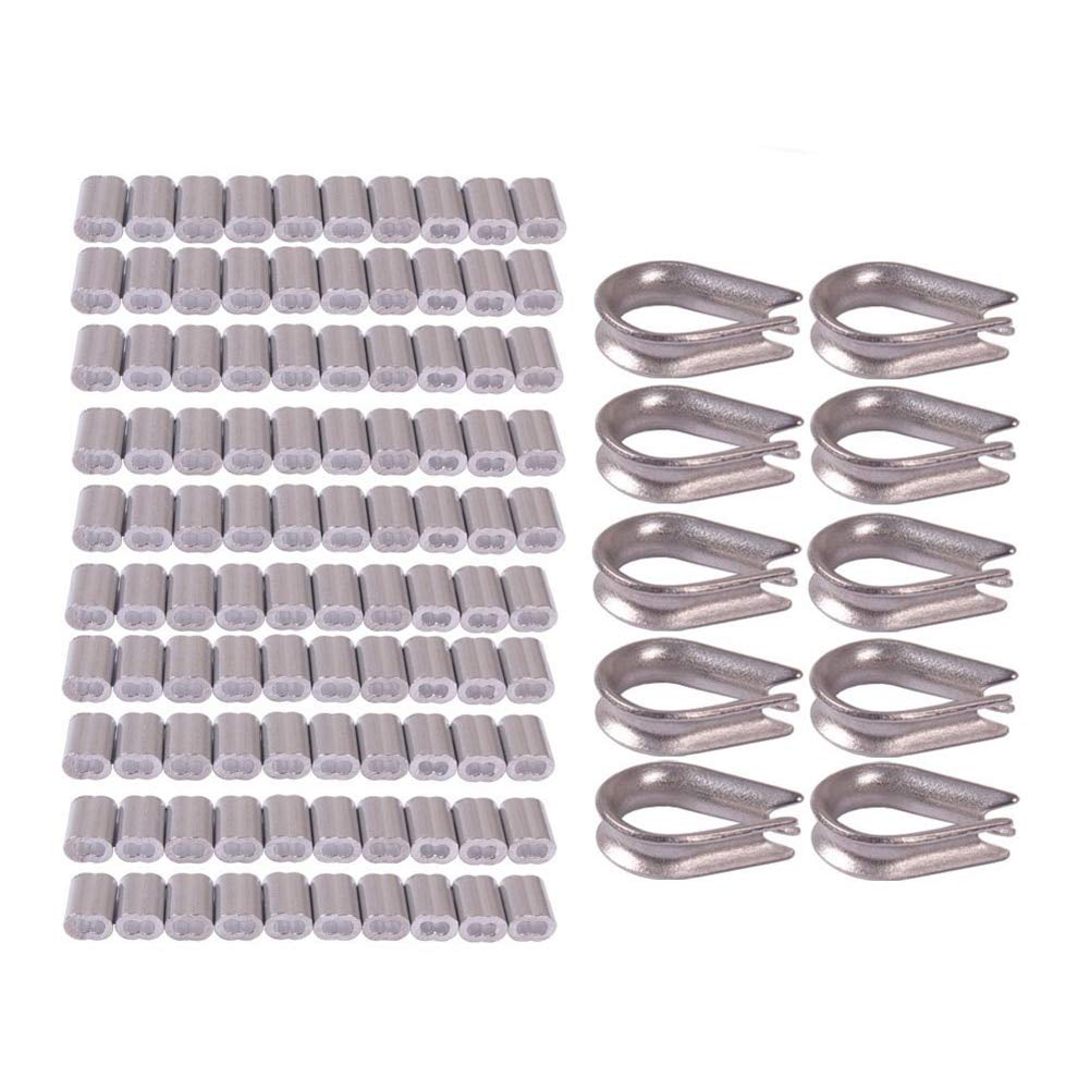 High Quaity 100 pcs 1.5mm Wire Rope Aluminum Sleeves Clip Fittings Cable Crimps + 10 pcs M2 Stainless Steel Thimble Combo