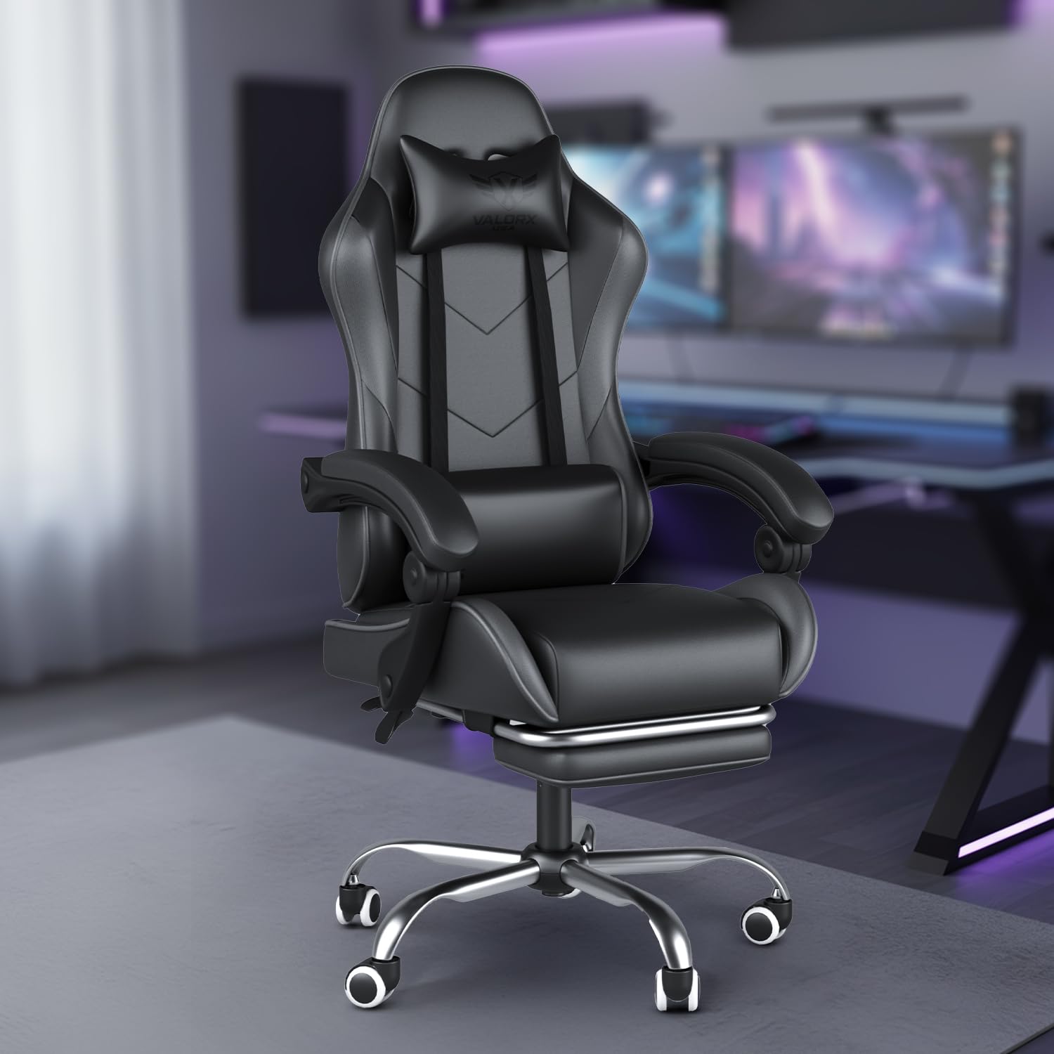 ValorX USA Vector 2026 Edition I Ergonomic Gaming & Computer Chair in PU Leather | Dual Massager Back Cushion | Adjustable Neck & Lumbar Support | Ergo-Sync Armrests | Retractable Footrest (Black)