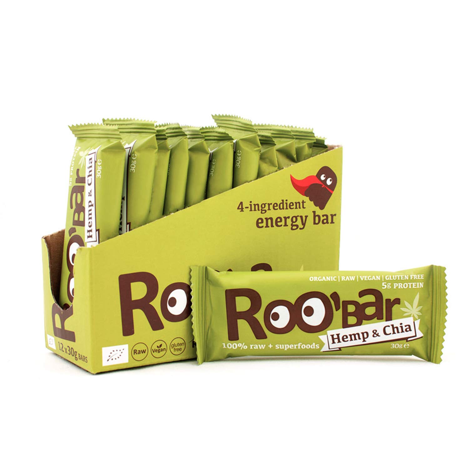 Roobar Hemp Protein Bar - Dairy & Gluten Free. 100% Organic, Vegan, Raw with Superfoods for Optimum Nutrition. No Added Refined Sugar - 12 x 30g Raw Bars