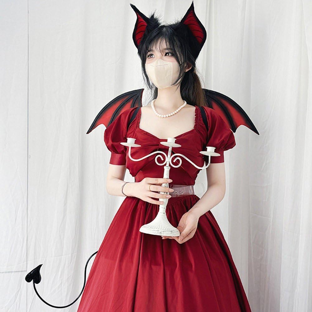 Ulxkmt Halloween Bat Costumes Set with Bat Hairbands Wings Tail Halloween Party Cosplay Costume Props Halloween Carnival Accessories for Women
