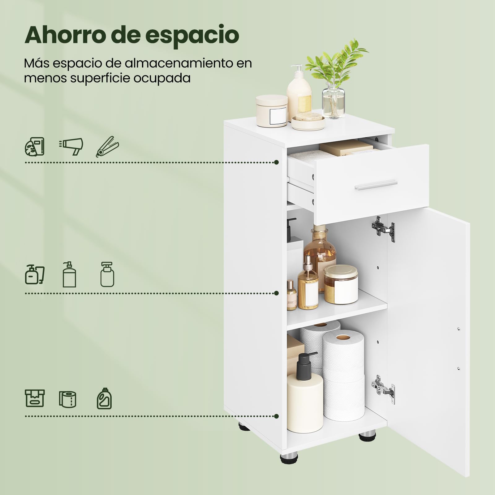 EUGAD Muble Baño de Almacenamiento, Armario de Baño con Cajon, Puerta y Estante Ajustable, Armario Columna de Esquina para Cocina y Salon, Blanco, 30x30x80 cm