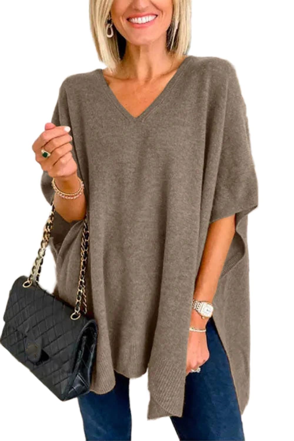 Womens Poncho Sweater Women V Neck Ponchos and Wraps Batwing Sleeveless Shawl Pullover Sweaters Womens Clothing