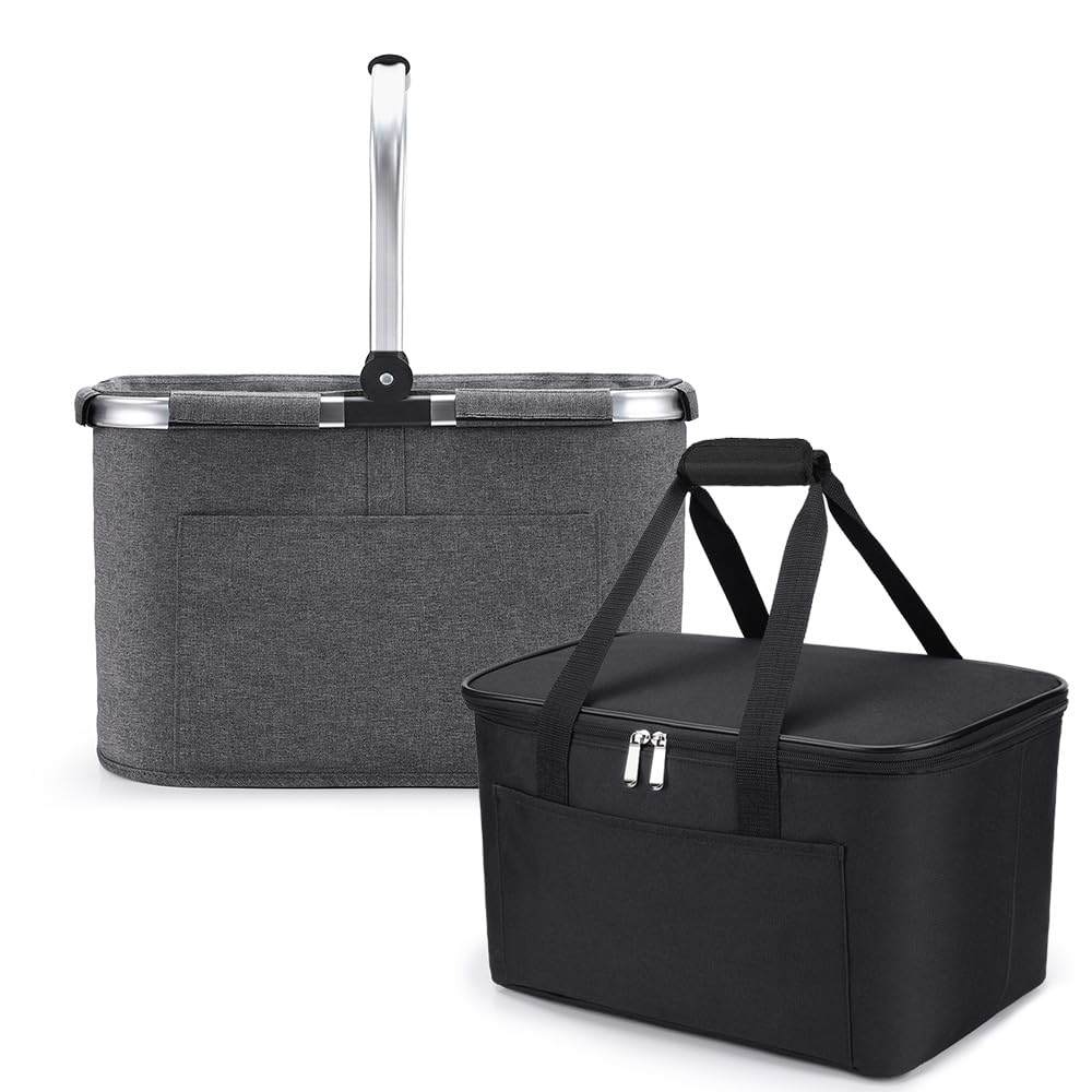 Diurwur Klassischer Einkaufsset 2tlg Bestehend aus Einkaufskorb und Kühltasche Einkaufskorb mit Alu-Griff Faltbare Einkaufstasche mit Isolierung für Arbeit/Einkaufen