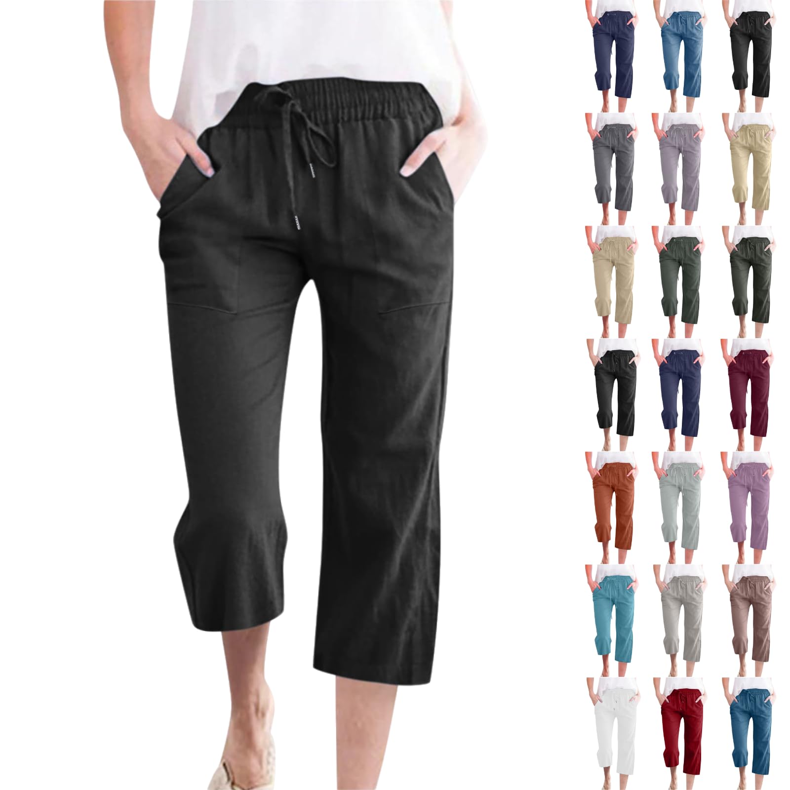 Capri Pants for Women Cotton Linen Straight Wide Leg Pants Drawstring Elastic Waist Cropped Trouser with Pockets