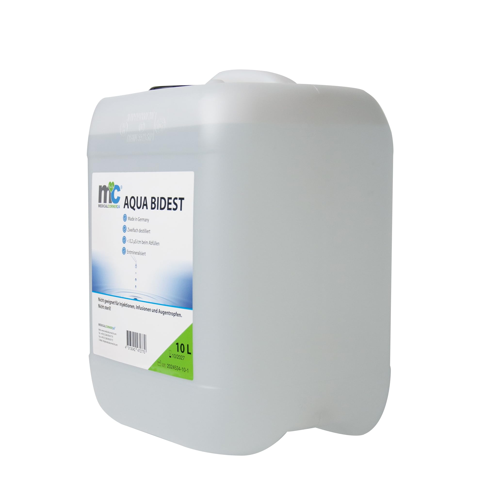Aqua Bidest - 2 botes de 10 litros, agua pura de laboratorio, 20 L, agua bidestilada, agua destilada 2 veces