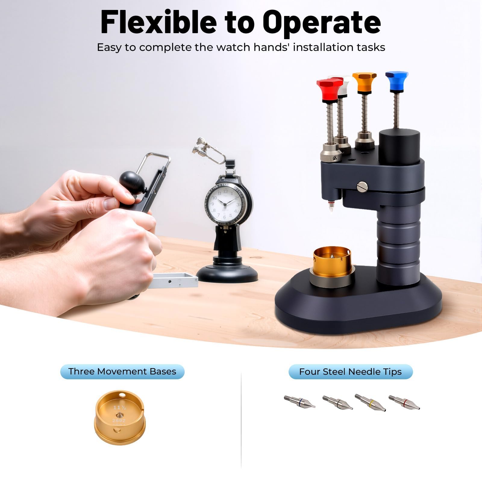 Prensador de manecillas de reloj de 4 pines, herramienta de ajuste de mano de reloj de aluminio con 4 puntas y base, kit de instalación de agujas de alta precisión para relojeros y talleres de