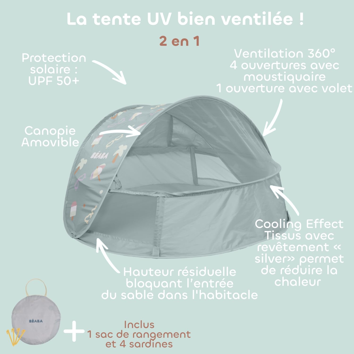 BÉABA, Tente de Plage, Tente anti UV Bébé 2 en 1, 0-24Mois, Protection Solaire Maximale UPF50+, UV filtrés, Ventilation 360°, Moustiquaires, Spacieuse, Système Pop-UP, Sac Transport, Breezynest,Lichen
