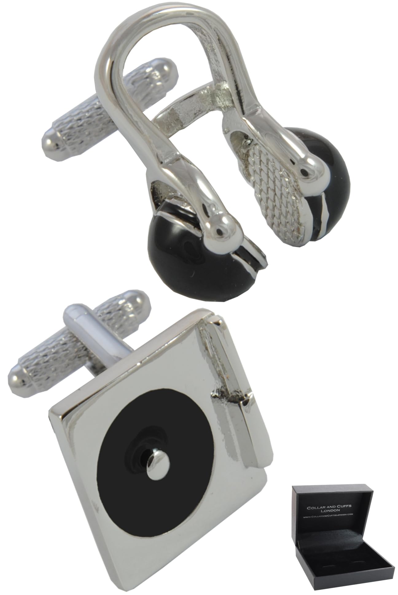 Gemelos Camisa Hombre Música - Con Caja - Gemelos para Camisas - Placa Giratoria Para DJ y Auriculares - Latón - Color Plata y Negro - Un Par
