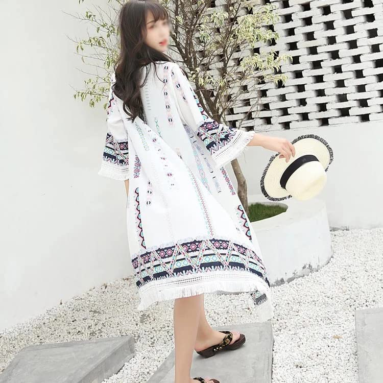 Blouse kimono d'été WQHPLMD en version cardigan long fluide avec franges - 2