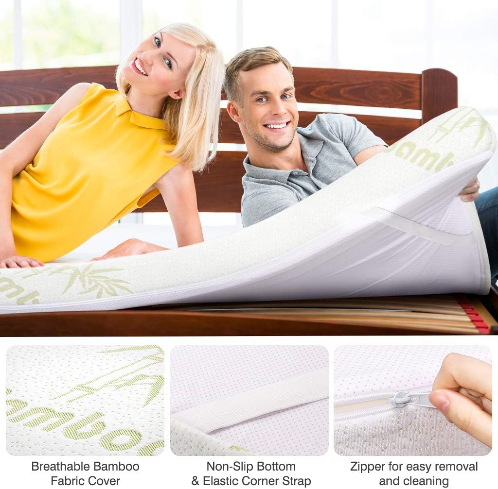 LANGRIA 3-Inch King Mattress Topper CertiPUR-US Certified Memory Foam with Removable Zippered Bamboo Cover and Non Slip Bottom