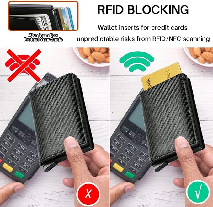 ZWALLET Pop Up Carbon Fiber Slim Card Holder NFC & RFID Blocking Luxury Minimalist Wallet Hold 7 Cards and Cash (Carbon Fiber leather, Red)4