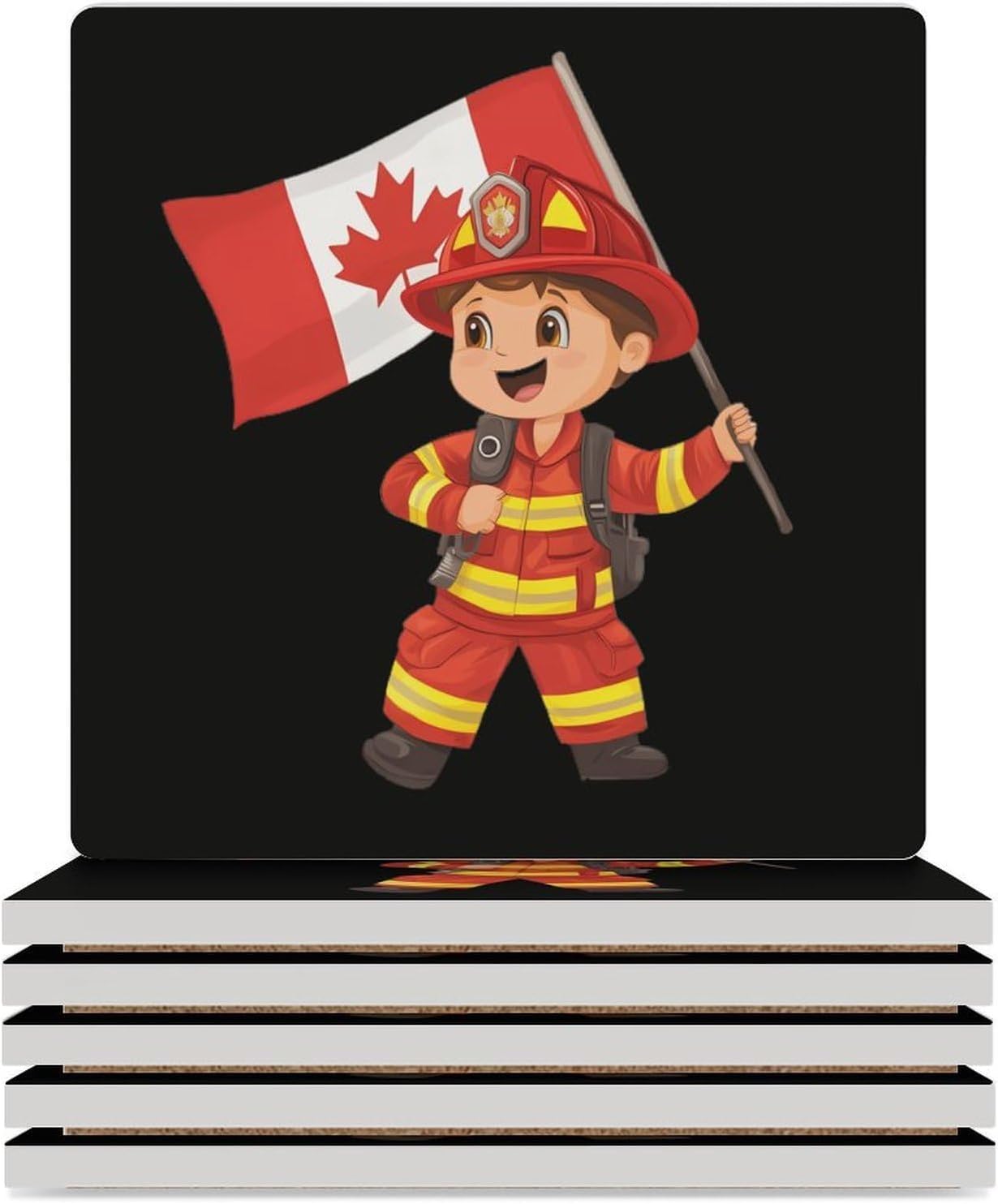 Cartoon Fireman Firefighter Canada Flag Funny Ceramic Coasters for Drinks Absorbent Cup Holder Tabletop Protector with Cork Base