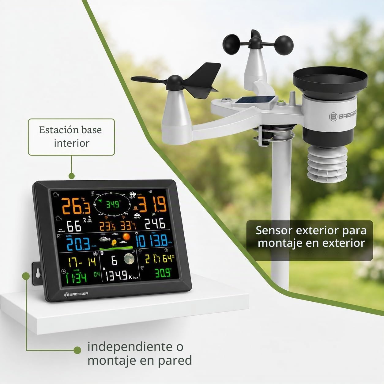 Bresser Estación meteorológica de 1,5 km de alcance, WiFi, sensor exterior 7 en 1, solar, UV, viento, lluvia, carga WiFi, alarma, clima interior y exterior | Temperatura interior y exterior, humedad, pluviómetro, anemómetro, previsión meteorológica, app,