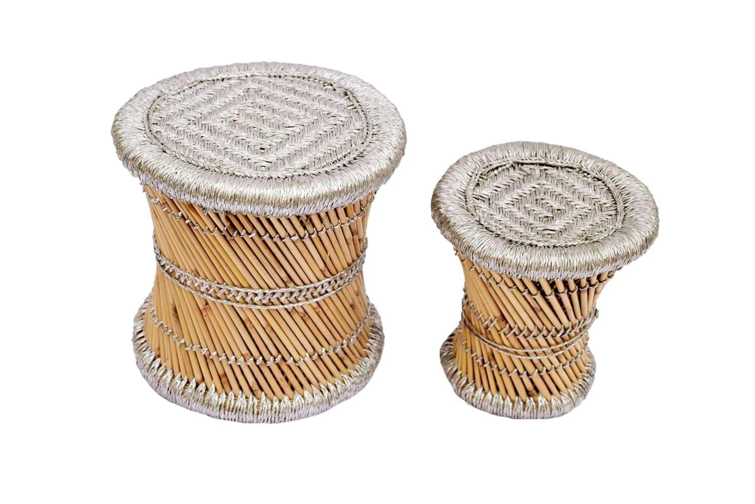 Bamboo Stool Set of 2, Handmade Cane Mudda Chair with Silver Rope Weave, Nesting Round Bamboo Stools for Adults & Kids, Indoor Outdoor Living Room Balcony Garden-image-18