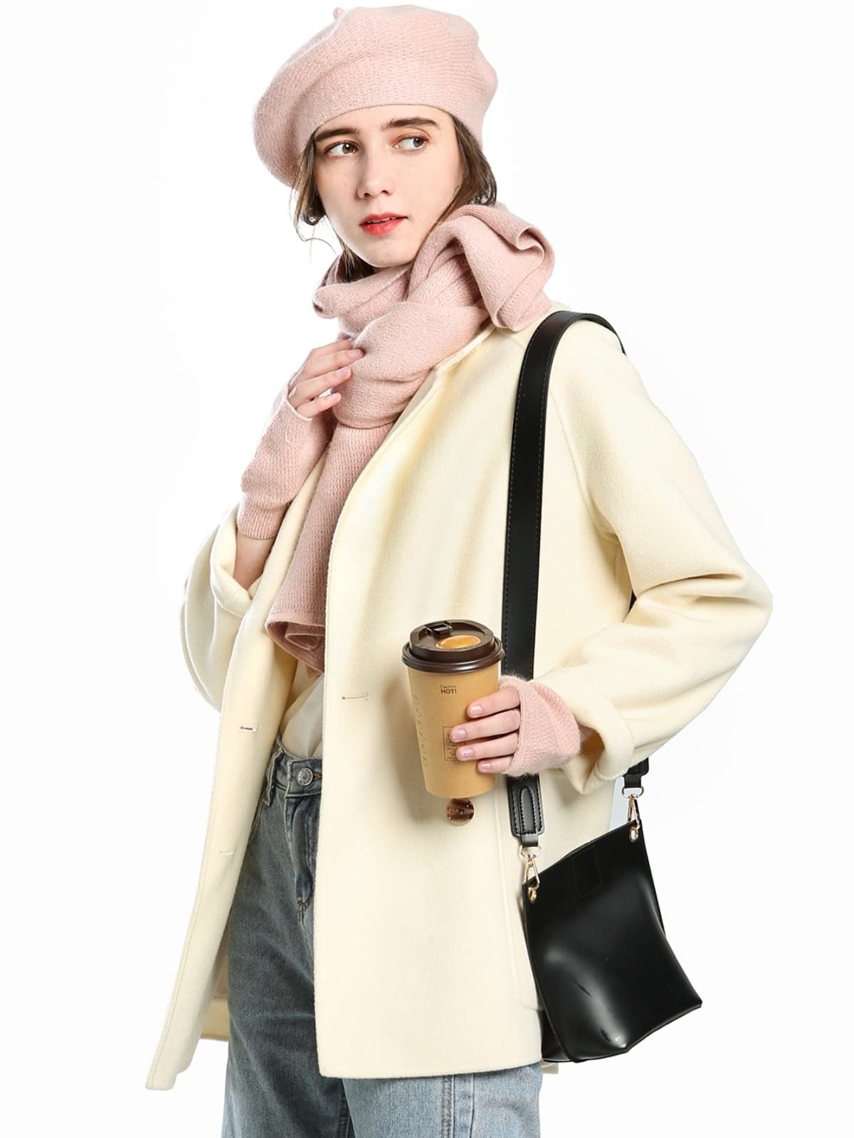 Dajingkj Einfarbige Baskenmütze für Damen, 3-teiliges Hut, Schal, Handschuhe, Set, Mädchen, fingerlose Handschuhe, Baumwolle, Winter-Geschenk-Set