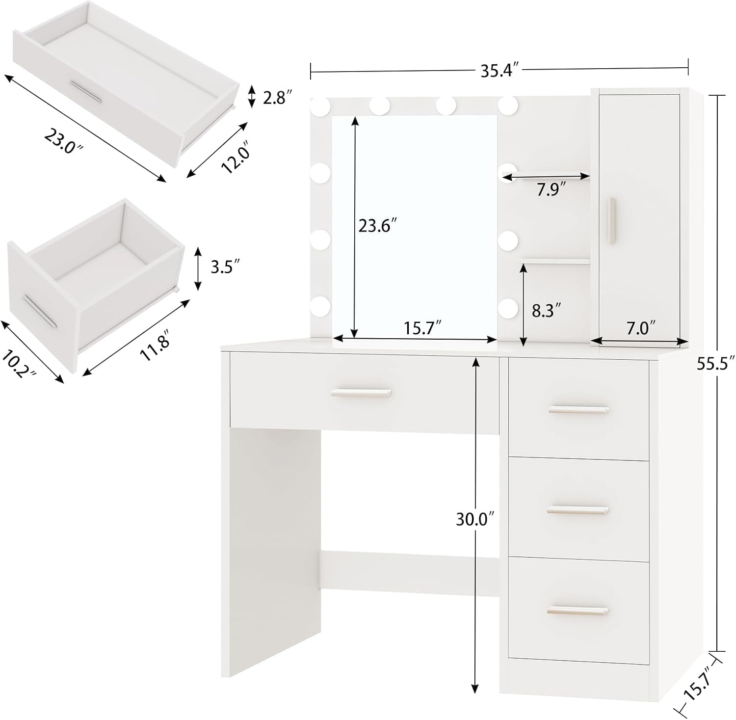 Makeup Vanity with Lights, Vanity Desk with Mirror and 10 LED Lights, White Table with 4 Drawers, Cabinet & 4 Necklace Hooks, Dressing Table for Bedroom,Grils Vanity, White