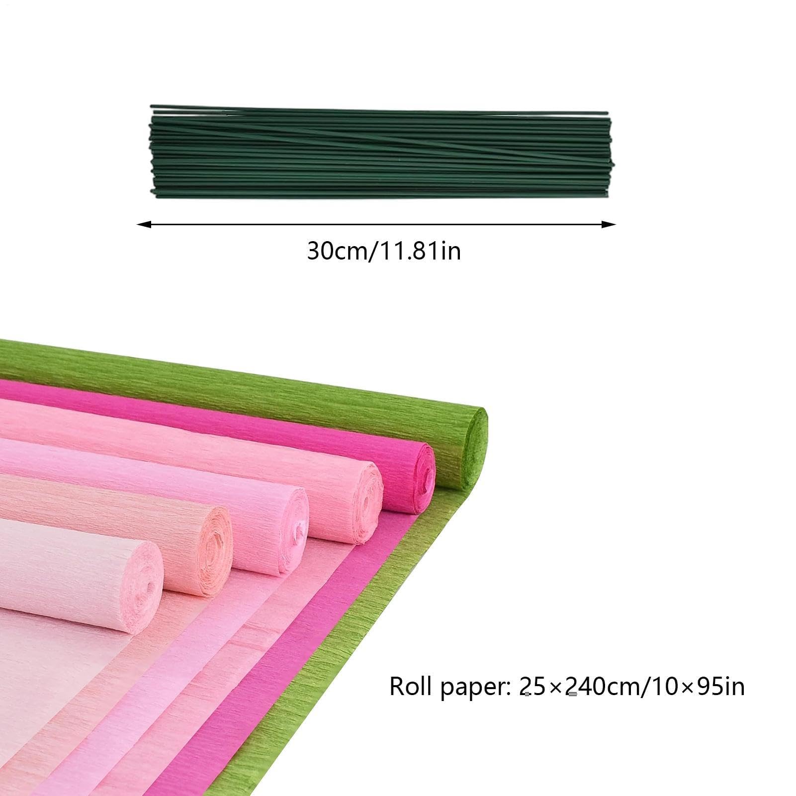 Lot de 6 rouleaux de papier crépon avec 50 tiges métalliques pour décorations de fête, bouquets de mariage, arches de remise de diplôme, toiles de fond photo