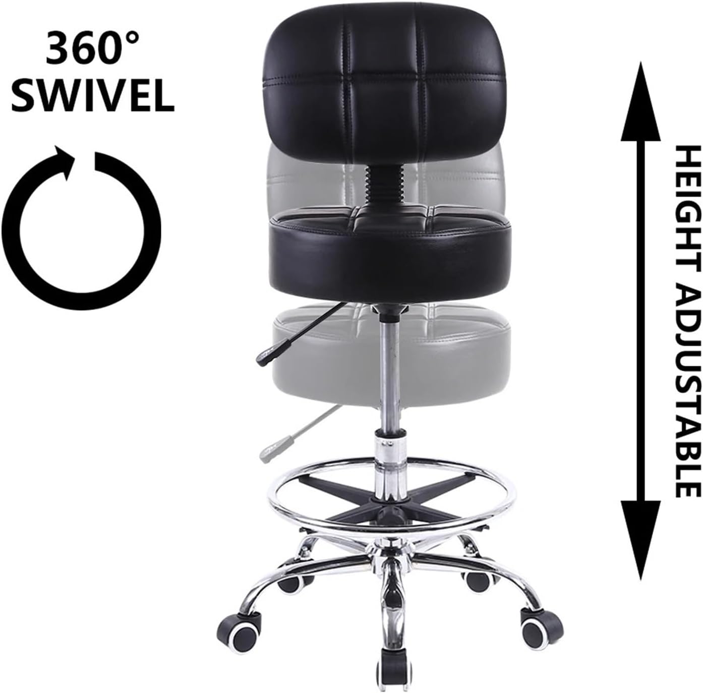 Multi-Purpose Adjustable Rolling Stools Chair Swivel Round Wheeled Stool Made of PU Leather with Adjustable Footrest and Height Adjustment and A Backrest