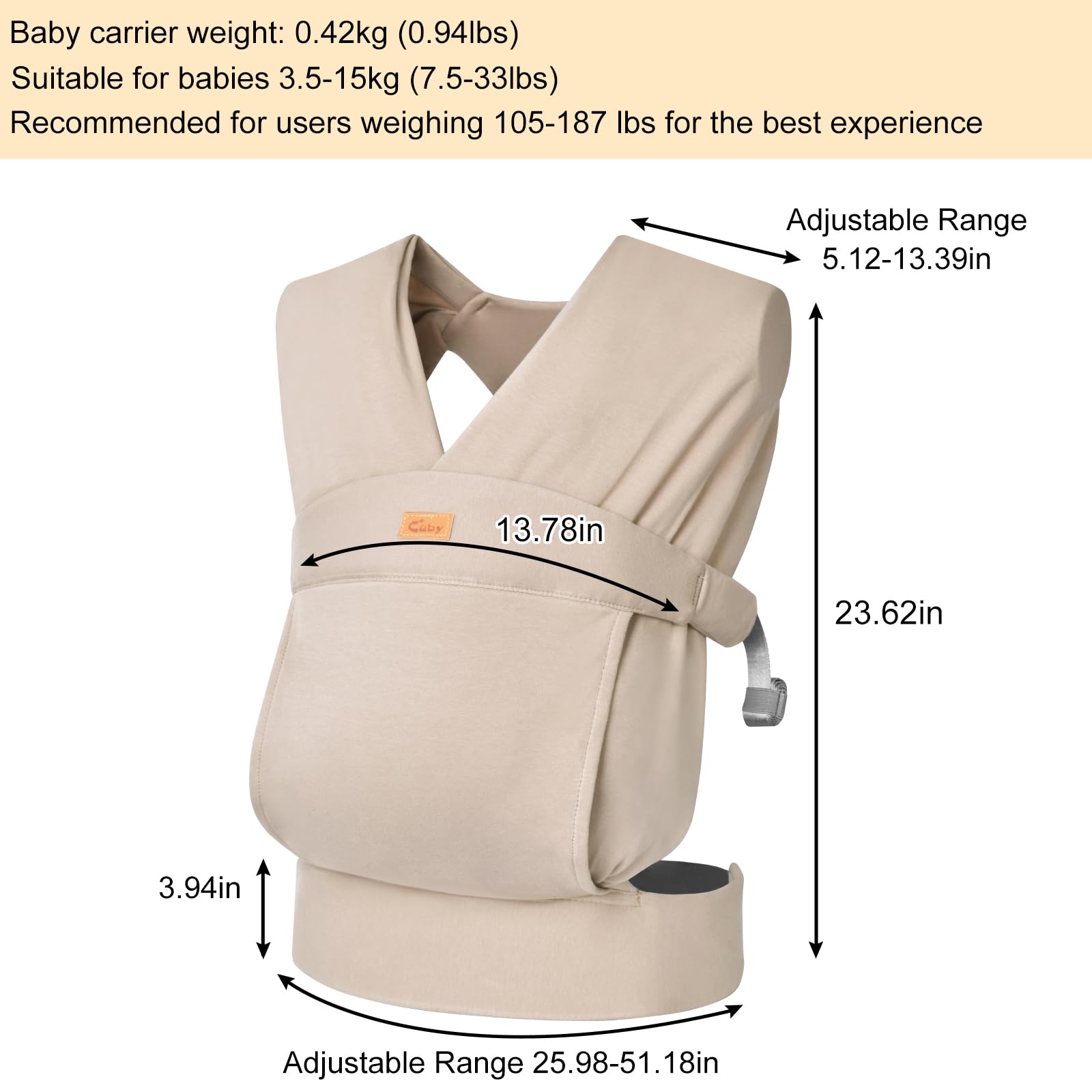 CUBY Babytrage mit halber Schnalle, ergonomische Schmetterlingsrückenform, verstellbare Kopf-Nackenstütze, Känguru-Front-Rucksack mit Kopfbedeckung, Kleinkind, Neugeborenenen-Sling bis zu 15,9 kg