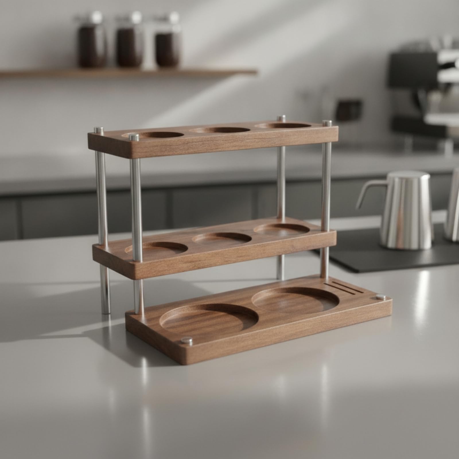 Colcolo Portacaffè in Legno E Struttura in Acciaio Inossidabile Espositore a Più Livelli con Supporti Antiscivolo per Utensili Adatto per Angolo Colazione E , 24 26 22cm , style to 3