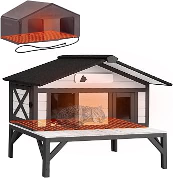 Heated Outdoor Cat House - Heavy-Duty Triple-Layer Weatherproof Shelter with Thermal Liner, Openable Roof & Escape Doors for Winter92-Black