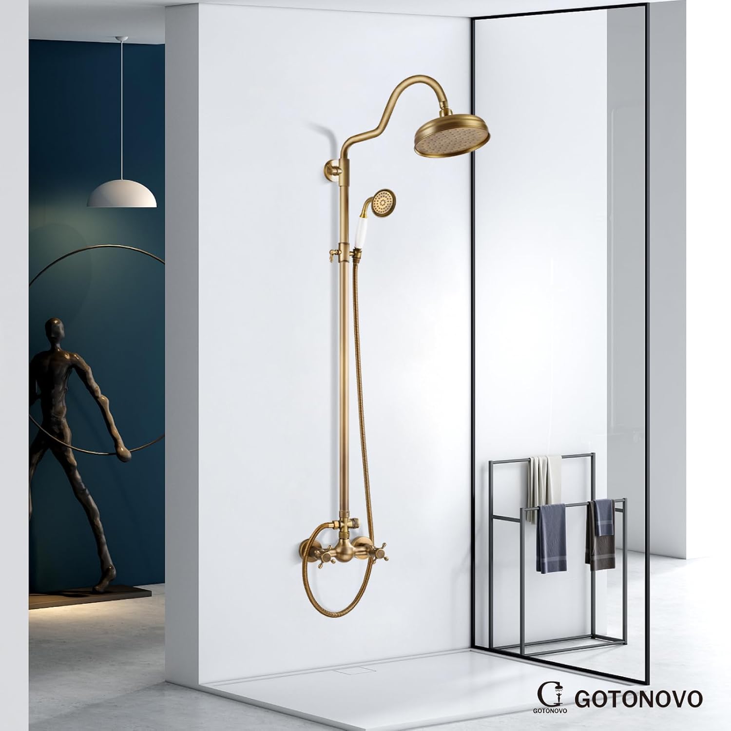 gotonovo Luxury Exposed Shower Faucet Set Bathroom Shower System 8 Inch Wall Mount Rainfall Shower Head with Handheld Spray Cross Double Handle Shower Fixture Adjustable Arc Rod Antique Brass