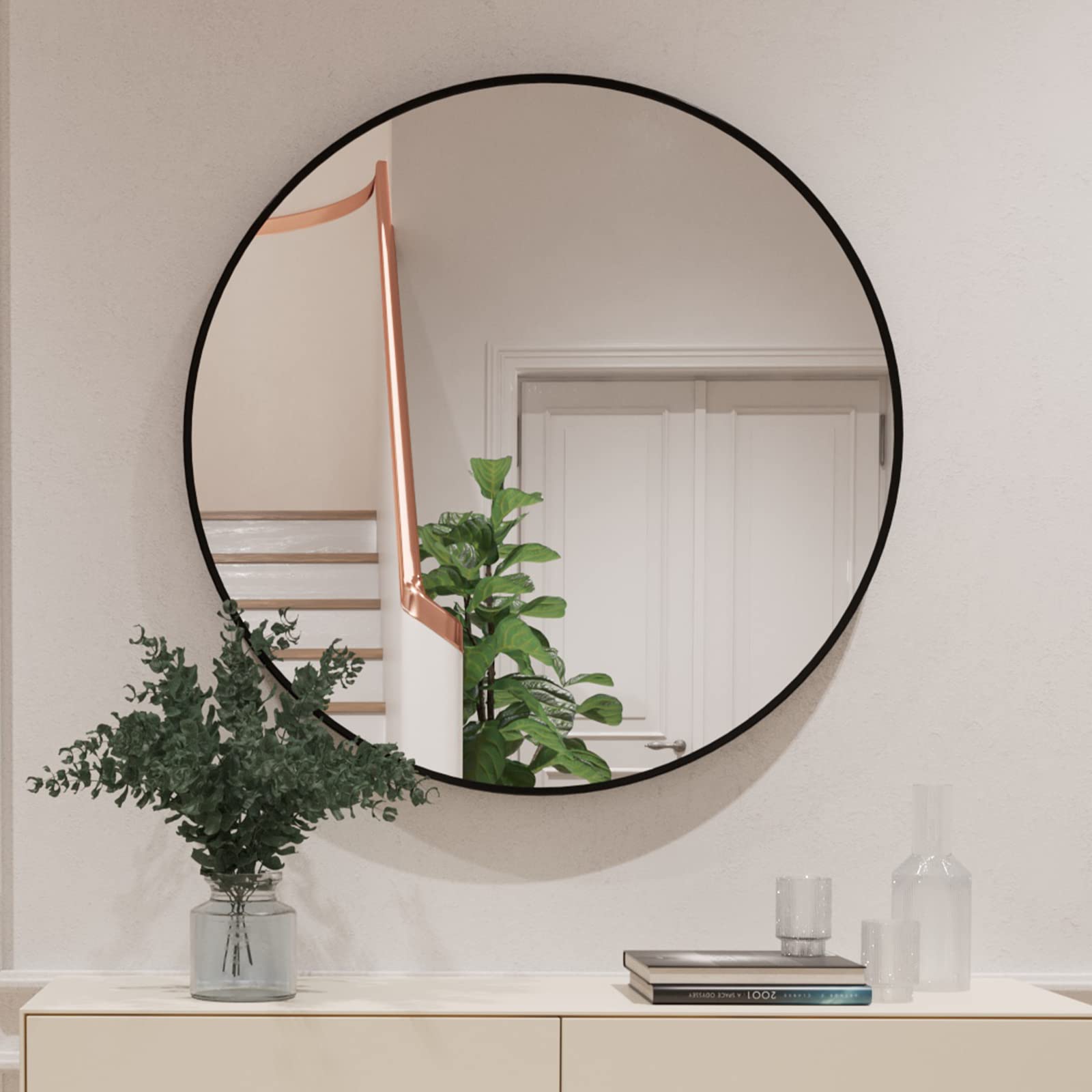 Koonmi 91 cm Round Wall Mirror, Circle Bathroom with Metal Frame Hanging Leaning for Entryways, Washrooms, Living Rooms, Black