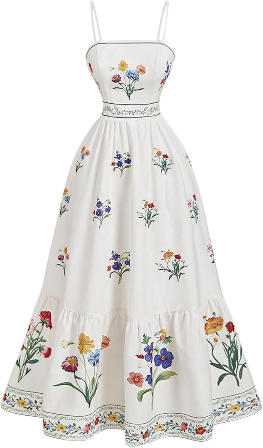 OYOANGLE Women's Boho Floral Dress Spaghetti Strap Shirred Ruffle A Line Long Dresses Vacation Clothes