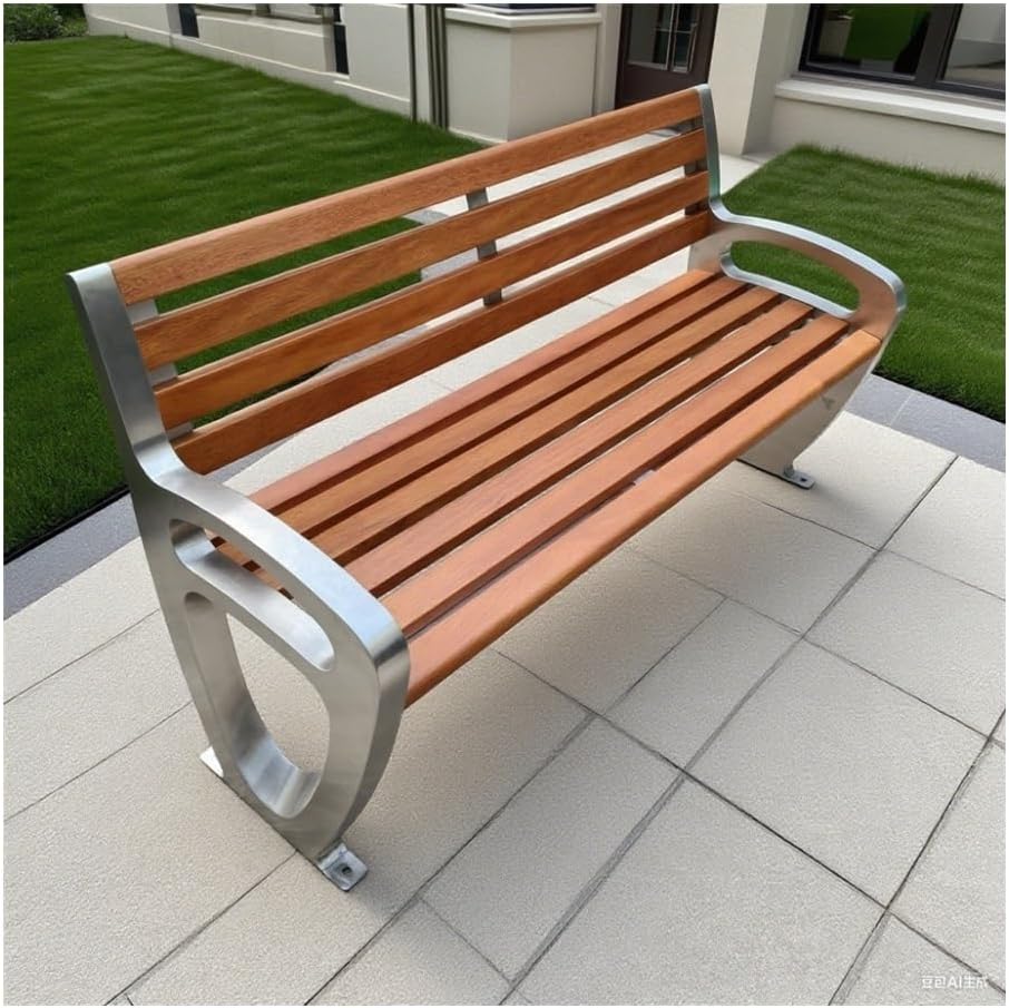Outdoor Bench, Stainless Steel Outdoor Bench with Teak Wood Seat, Backrest Park Bench for Public Spaces Garden Bench
