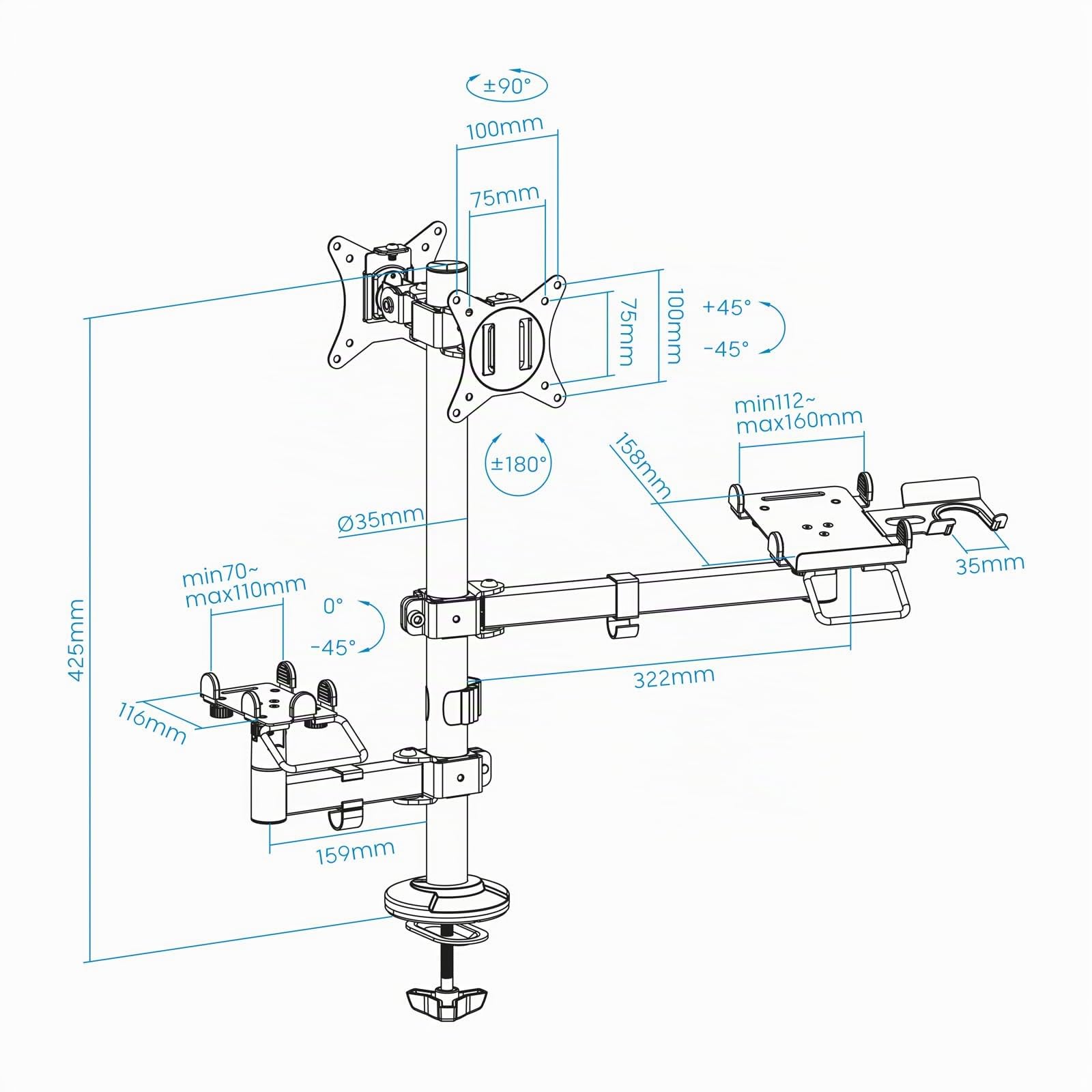 TooQ TQPM0002 - Supporto da tavolo regolabile per POS, consente l'installazione della stampante + 2 schermi da 17"-32" + terminale con lettore, nero