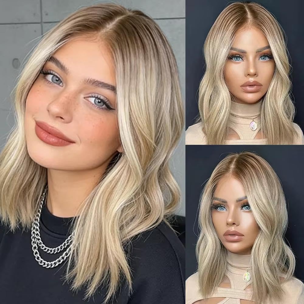 Haarpflege Goldblonde Kurze Bob-Schulterperücke Mit Highlights 13 X 4 Ohne Kleber