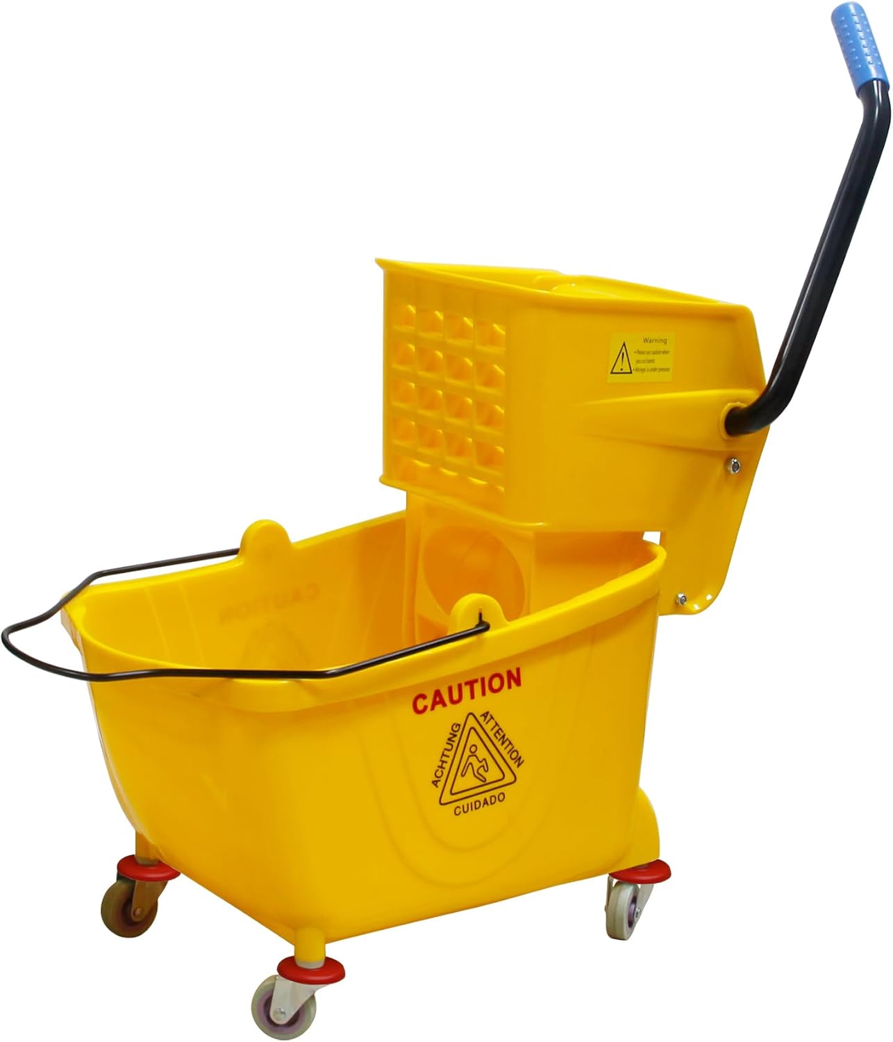 Yellow 25L Commercial Mop Bucket with Wringer | 6.6 Gallons Side Press Technology | Heavy Duty Single Bucket System | Hospital Quiet Wheels (Yellow, 6.6 Gallons)