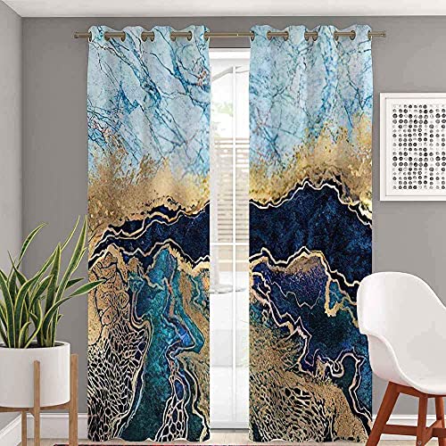 Masacandy Atomack Wavy Blackout Grommet Curtains 108 Inch Length, Abstract Blue Marble Fake Stone Liquid Gold Foil And Glitter Curtains 2 Panel Set For Bedroom Living Room, 104 Inch Wide #TOP2