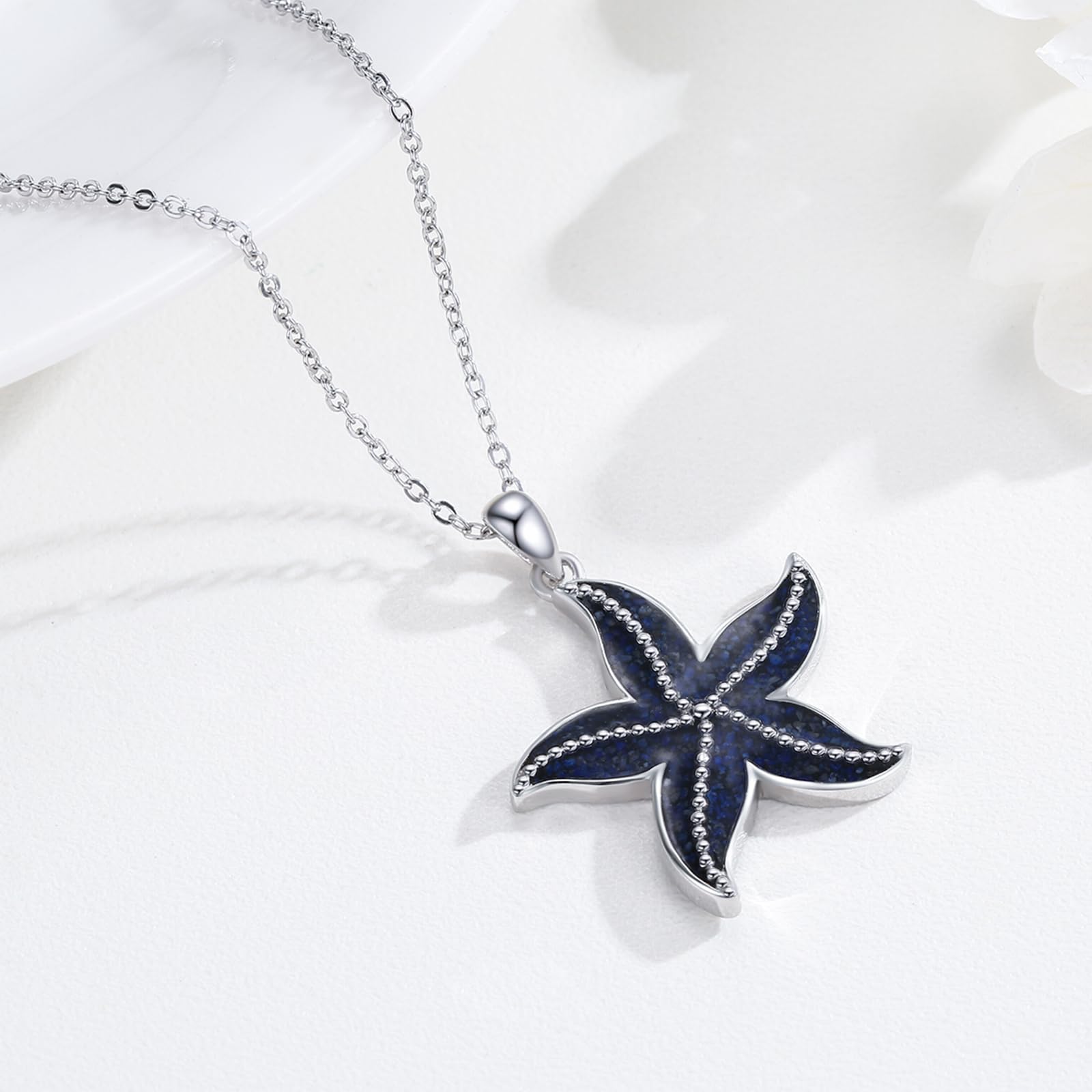 REDSUN Seestern Kette 925 Sterling Silber Stern Anhänger Halskette mit Natürlichen Blau Kies Stein Seestern Ozean Anhänger Schmuck Geschenke für Frauen Maritimer Anhänger für Damen